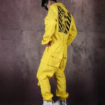 

Korean version of trendy men's letters fashion yellow overalls overalls trendy men's jumpsuits hair stylist DJ hip hop overalls