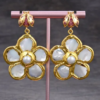 

GuaiGuai Jewelry Natural 38MM White Shell Round Pearl Flower Yellow Gold Plated CZ Paved Insect Dangle Stud Earrings