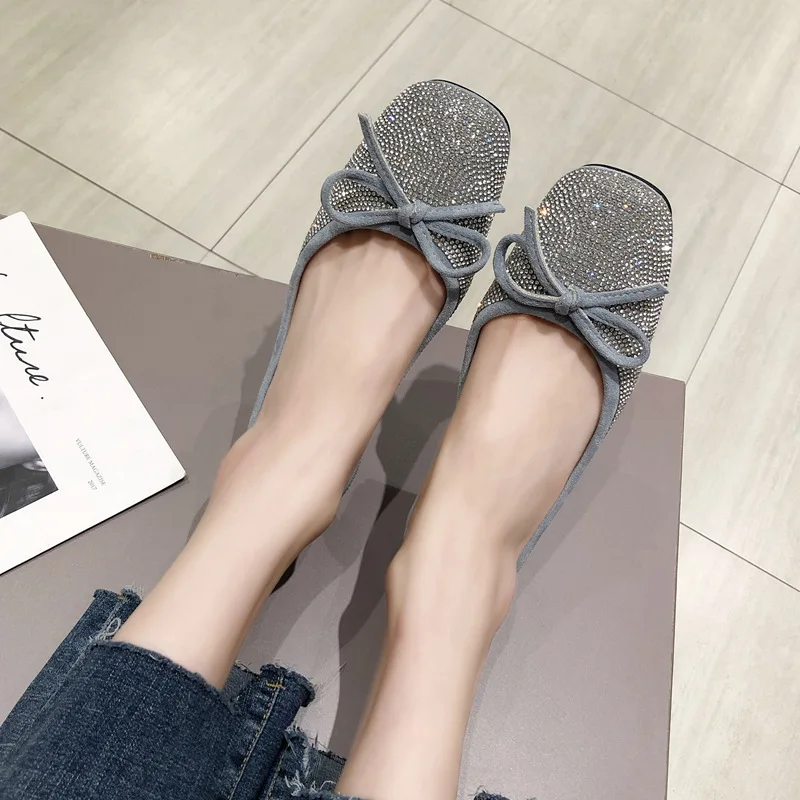 

Square Head Shoes Women's 2019 Summer New Style Korean-style Fashion Man-made Diamond Bow Flat Moccosins CHIC Fairy Wind