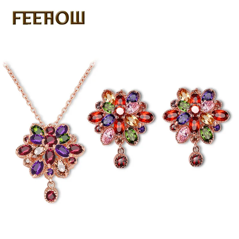 

Accessories Hot Sales Mona Lisa Colorful Shiny Zircon Anti-Allergy Necklace Earrings Bride Set
