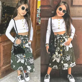 

Stock Baby Girl 1T-6T Outfits Clothes Set Crop Long Sleeve Top Floral Skirt Sunsuit
