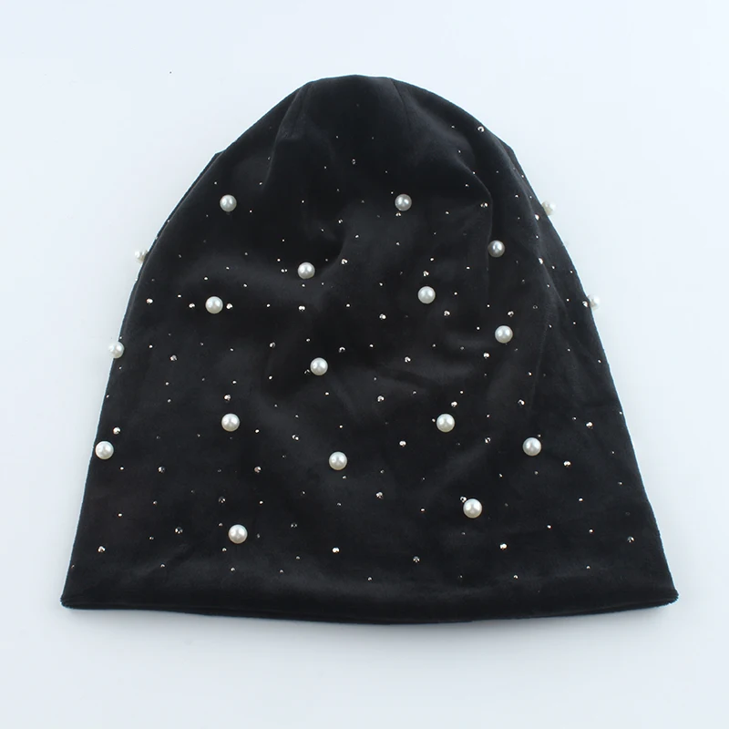Новинка, модные женские шапки Skullies Beanies, жемчужные стразы, женская шапка, зимние женские шапки, мягкие теплые бархатные шапки