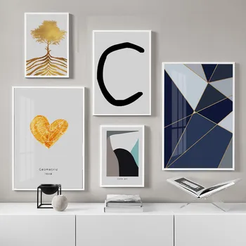

Nordic Blue geometry art wall art Canvas posters Paintings Prints Golden leaves Abstract Pictures for Living Room Morden Decor