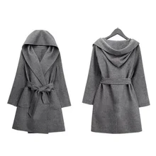 Новинка, зимнее женское Шерстяное Пальто с длинным рукавом, две стороны, одежда с поясом, свободное теплое шерстяное пальто, верхняя одежда с капюшоном, с поясом на талии