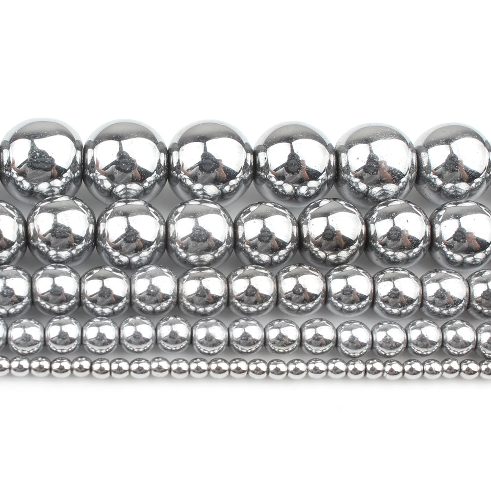 Loose Stone Beads Silver Hematite Natural Round Beads DIY Jewelry Making Bracelet Earring Accessories 15'' 2 3 4 6 8 10 12mm