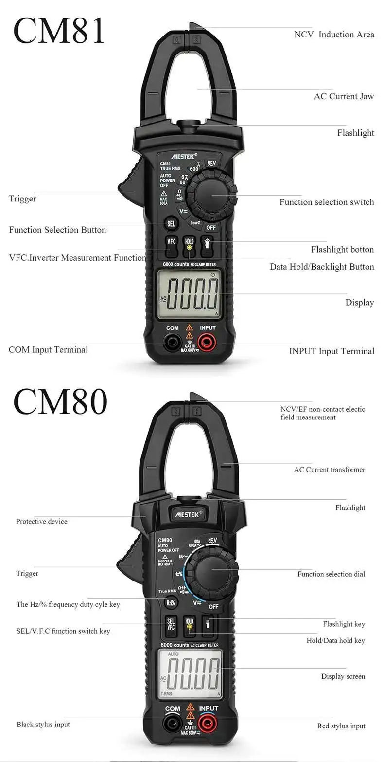 MESTEK True RMS Автоматический диапазон цифровой клещи CM80 AC DC 600A Емкость Частота тока сопротивление мультиметр с зондом