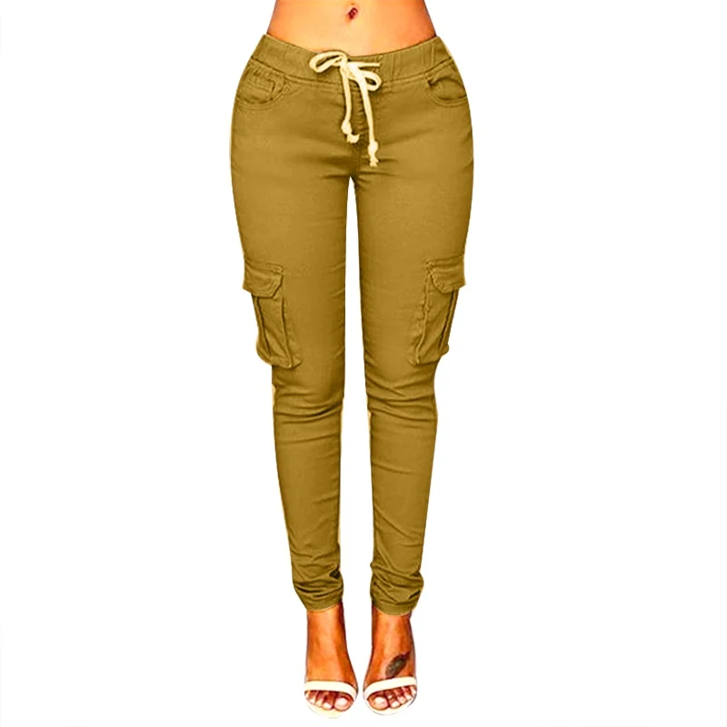 

New Women Pants bandage Comfy Pocket Mid Waist Elastic Drawstring Solid Color Loose Straight Casual Long Tooling Pants