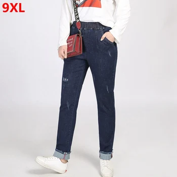 

Large size long jeans extra large pants ripped jeans super size elastic 100kg hole plus size jeans women high waist jeans 9XL