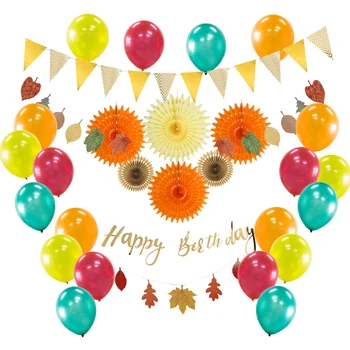 

15pcs Birthday Party Decoration Set Happy Birthday Banner yellow paper fans Flag Banner Glitter Latex Balloons for Party Decor