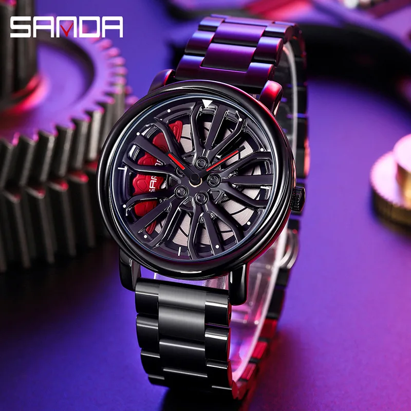 

SANDA Men Sport Car Wheel Wrist Watch Men's Quartz Waterproof Mesh Rim Hub Watch Male relogio masculino Men Military Watch 2020