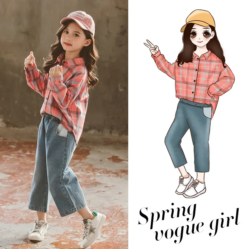 

Girls Spring Clothing Set New Style Korean-style Western Style Big Boy Plaid Shirt Jeans Two-Piece Set 1803c-1050