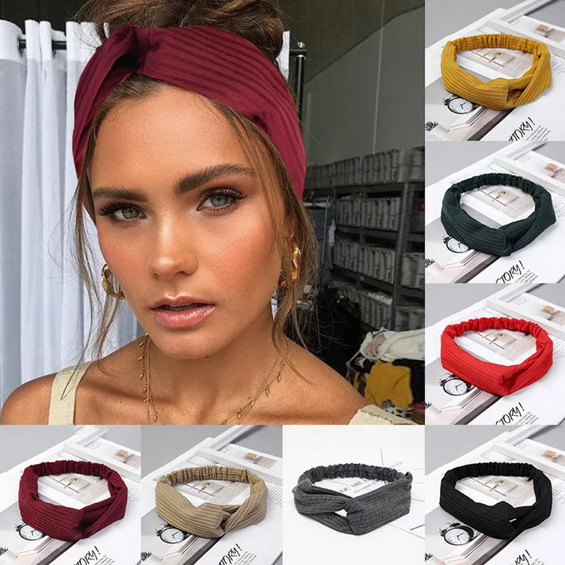 Fashion Women Headband Vintage Cross Top Knot Elastic Knit HairBand Solid Color Girls Hairband Hair Accessories Twisted Headwrap claw hair clips