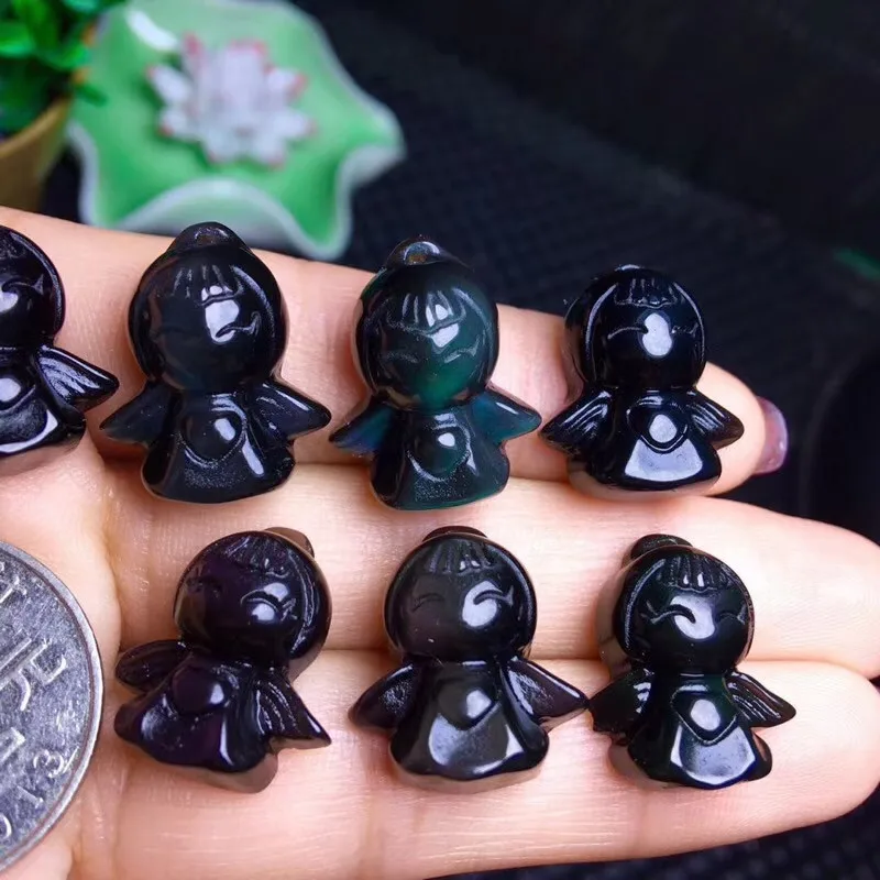 Новые товары натуральный полированный Радужный обсидиановый ангел кулон