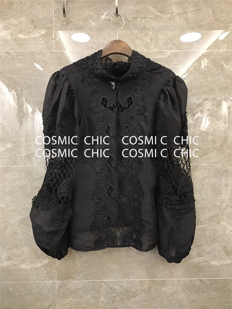Black top Cosmicchic, подиумная Праздничная юбка, комплект, элегантный фонарь, длинный рукав, открытая кружевная вышивка, блузка, нестандартные оборки, мини-юбка - Цвет: Black top