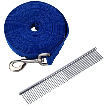

1Pcs Pet Beauty Tool Metal Grooming Rake Comb Silver & 1Pcs Blue 20Ft Long Dog Puppy Pet Puppy Training Lead Leash