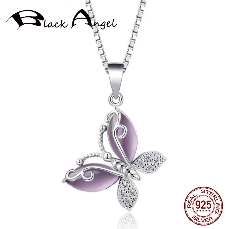 

New 100% 925 Sterling Silver Sparkling Ruby Dancing Butterfly Pendant Necklaces Purple/Pink Women Sterling Silver Fine Jewelry