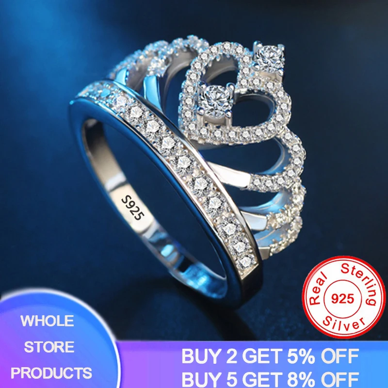 

YANHUI New Original 100% 925 Sterling Silver Crown Rings Shine Party Rings For Women Fashion Princess Jewelry Gift For Girls