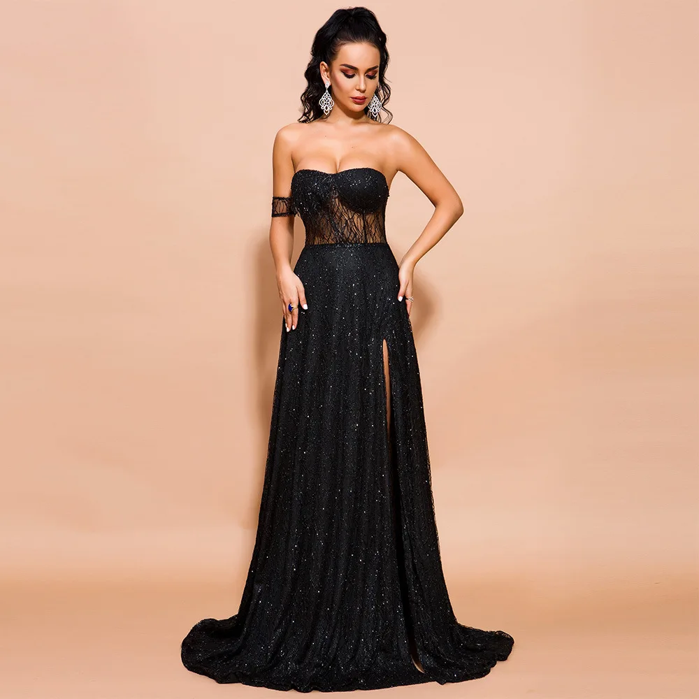 Расшитое блестками длинное черное платье наивысшего качества сексуальные Elegnat Slash шеи винтажные платья знаменитостей Evneing для вечеринок