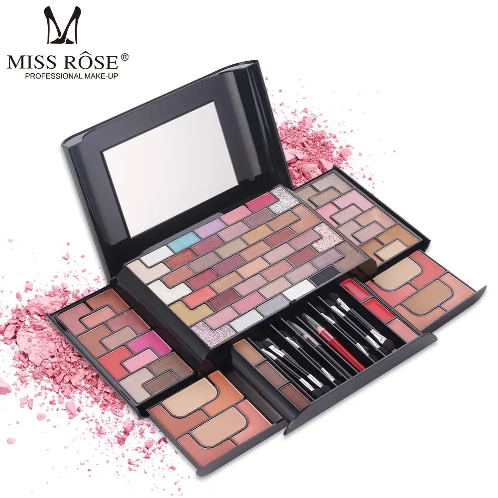

MISS ROSE 68 Color Eyeshadow Palette Kit 8 Color Blush Powder Eyebrow Lipstick Women Multifunction Sequins Cosmetics Makeup Tool