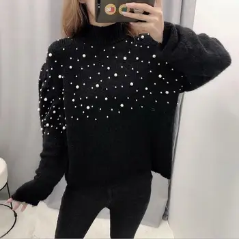 

2019 Autumn Winter Clothes Women Sweater Black Long Sleeve Sweaters Pullover Fashion Simulated Pearl Decorated Tops