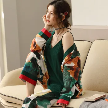 

3 Pcs Womens Pajamas Cotton Sleepwear Set Print Cardigan V-Neck Pyjamas Comfortable Breathable Leisure Homewear Pijama Mujer