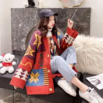 

Ellacey 2019 Christmas Cozy Sweater Coat Women's Cardigan Sweater Students Loose Red Cotrast Color Knitted Outwear Oversize