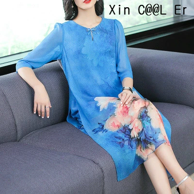 

2019 New Summer Vintage Flower Silk Female Long Dress Fashion Round Collar Seven-minutes Sleeve Elegant Temperament Lady Dresses