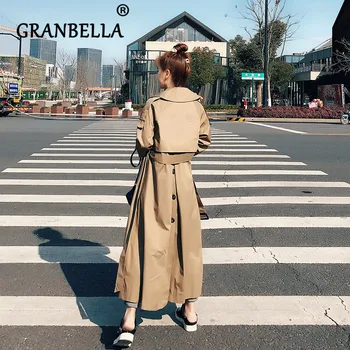 

Korean Women Long Windbreaker Casual Loose Trench Coat Solid Color Turn-down collar Coat With Belt High Quality Trench Coat