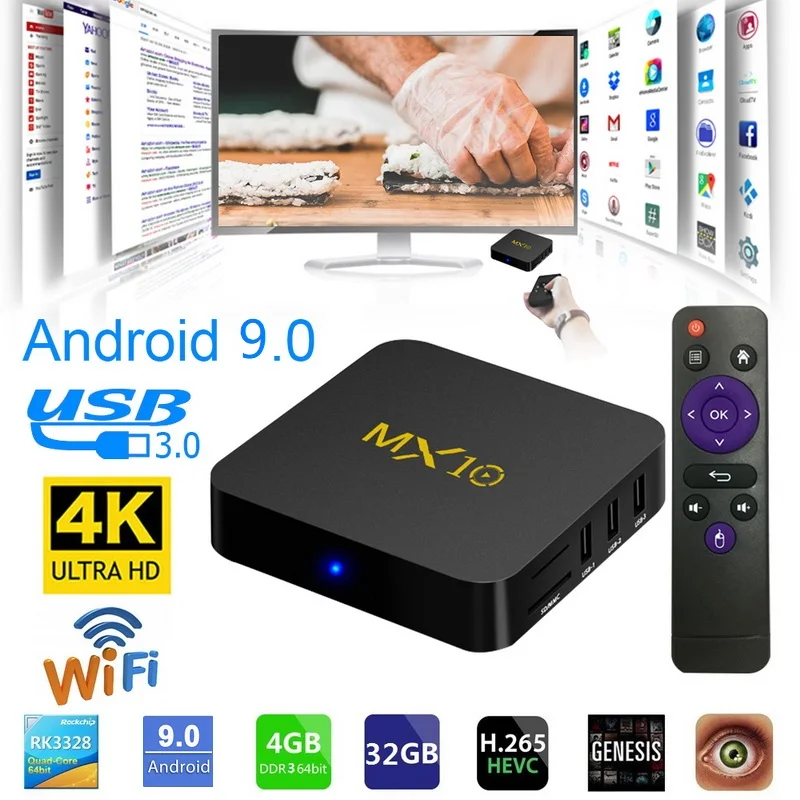 MX10 ТВ приставка Android 9,0 RK3328 DDR4 4 ГБ ОЗУ 64 Гб ПЗУ IP ТВ смарт-приставка 4K USB 3,0 HDR H.265 медиаплеер коробка