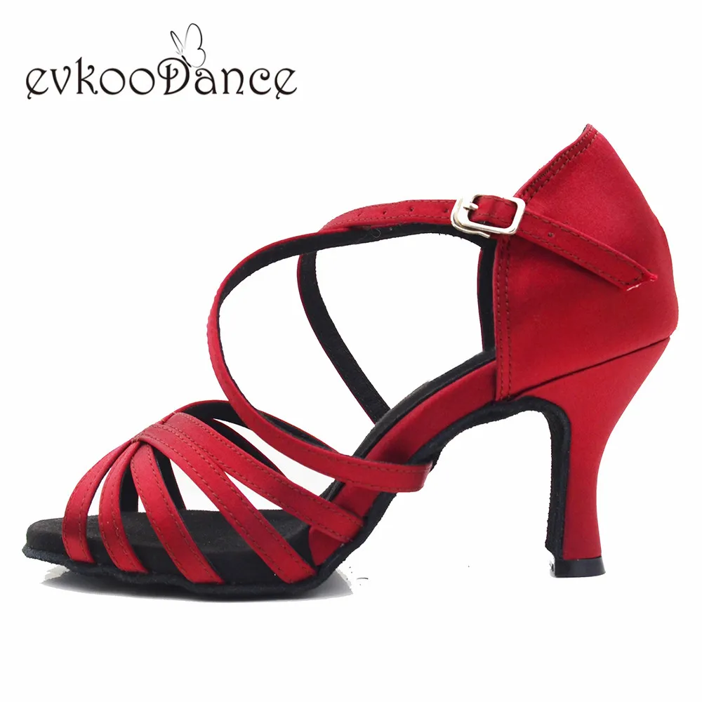 Красные туфли для танцев; Zapatos De Baile; атласные туфли для латинских танцев; размеры США 4-12; высота каблука 7 см для женщин; NL319 - Цвет: red wine 7cm heel