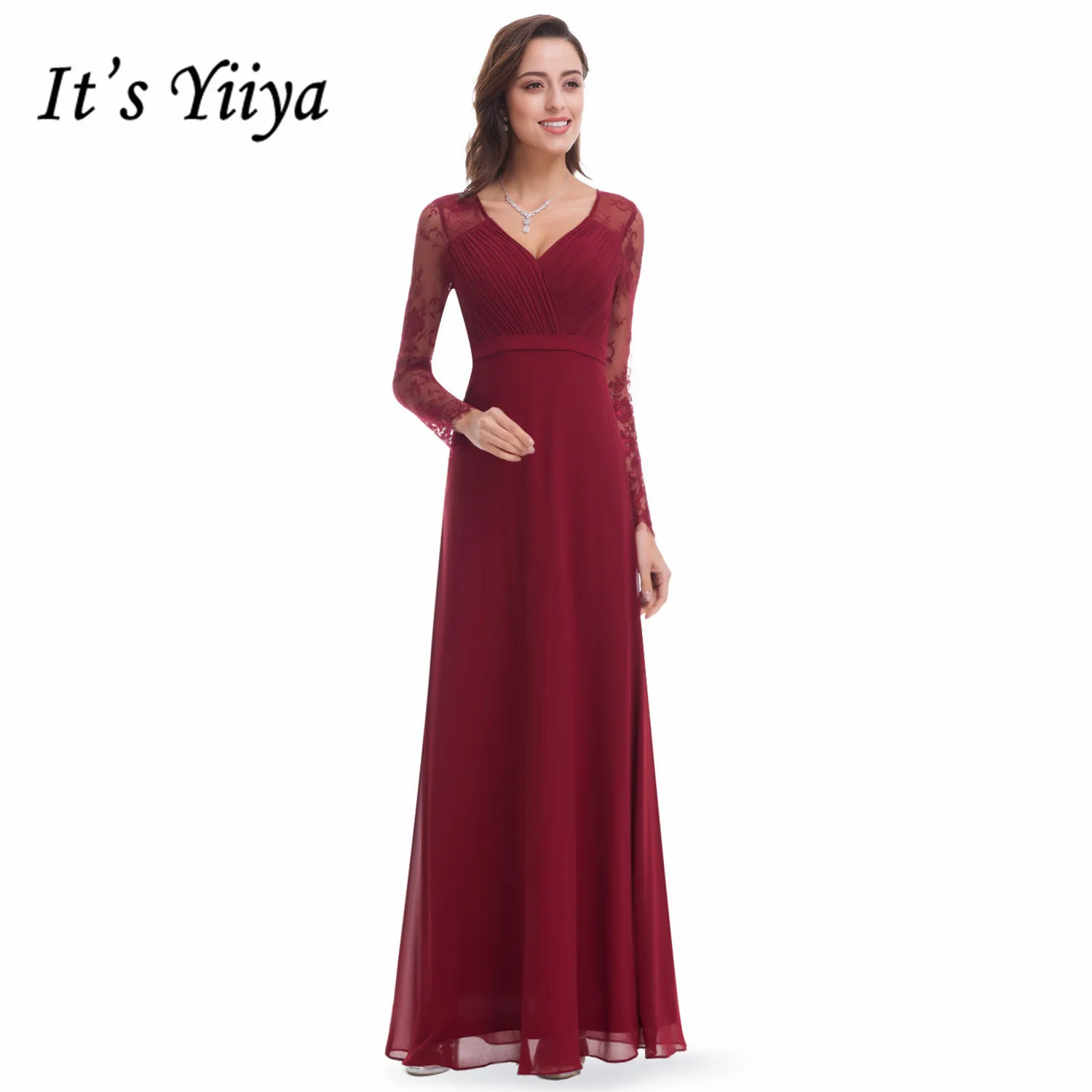 It'sYiiya платье подружки невесты с длинным рукавом шифон Vestido Madrinha v-образным вырезом плюс размер плиссированные элегантные длинные женские вечерние платья для девочек C513