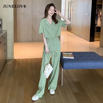

Luck A 2020 New Summer Two Piece Set Vintage Women Double Breasted Short-sleeve T Shirts + Preppy Casual Wide Leg Pants Suit