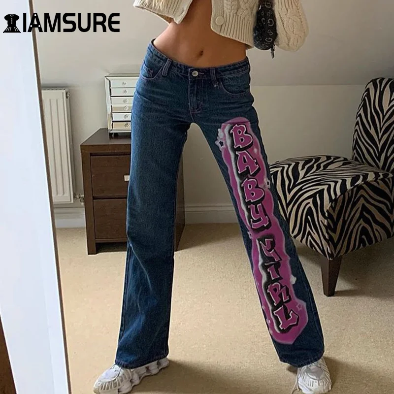

IAMSURE Letter Print Jeans Pants for Women Harajuku High Waisted Y2k Female Wide Leg Pants Streetwear Fashion Denim Trousers