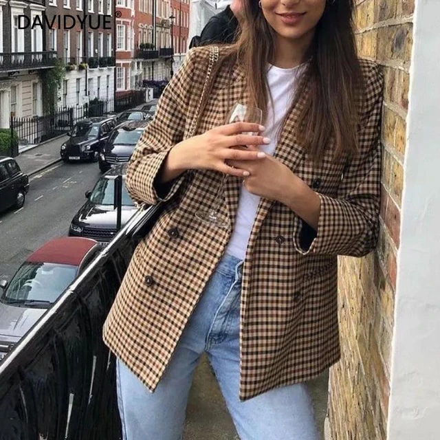 Fall 2022 women blazer jacket ladies tops office wear women korean plaid  blazer vintage orange long