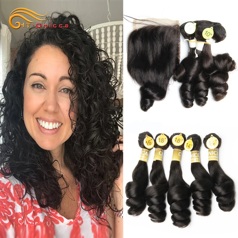 Loose Wave Human Hair 5 Bundles With Closure Curly Human Hair Peruvian Remy Hair and Closure With Baby Hair Htonicca