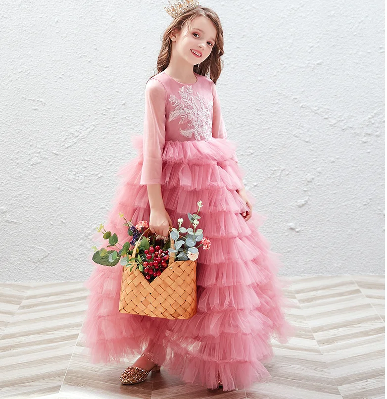 Lange Mouw Roze Meisjes Verjaardag Jurken Kant Applique Roze Tiers Cake Bottom Jurken Prinses Meisjes Celebrity Roze Jurk Custom Lange Mouw Roze Meisjes Verjaardag Jurken Kant Applique Roze Tiers Cake Bottom Jurken Prinses Meisjes Celebrity Roze Jurk Custom