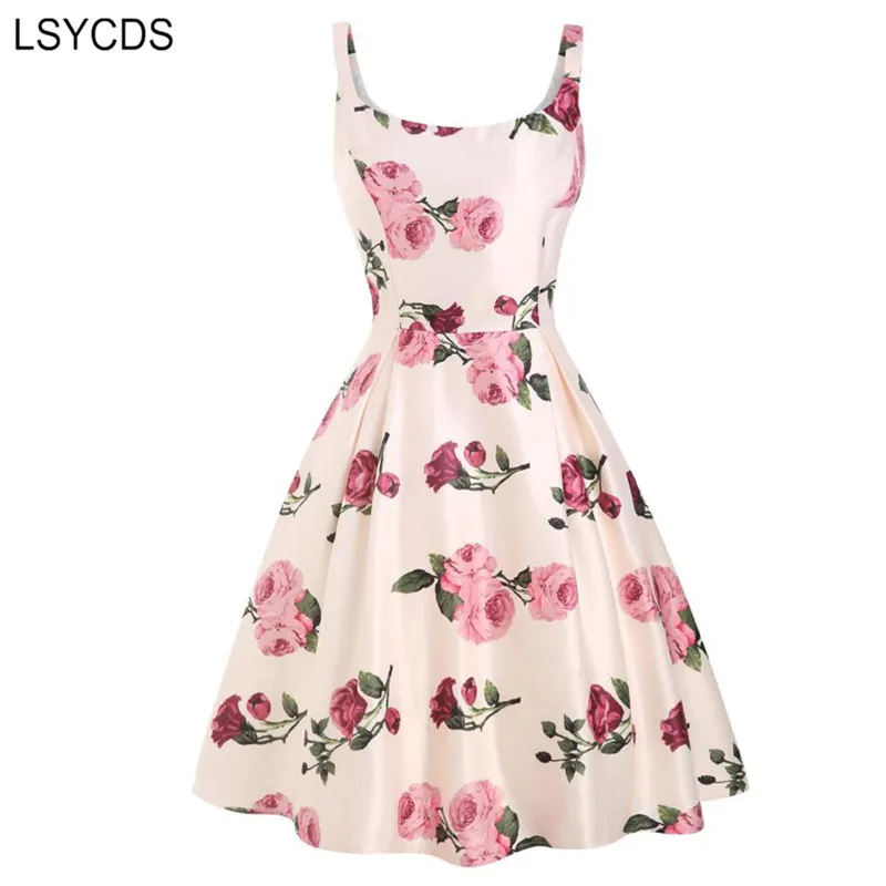 

LSYCDS Lovely Floral Women Dress Sleeveless Summer Tank Dress Pin Up Style Pleated Vintage Midi Flower Dresses