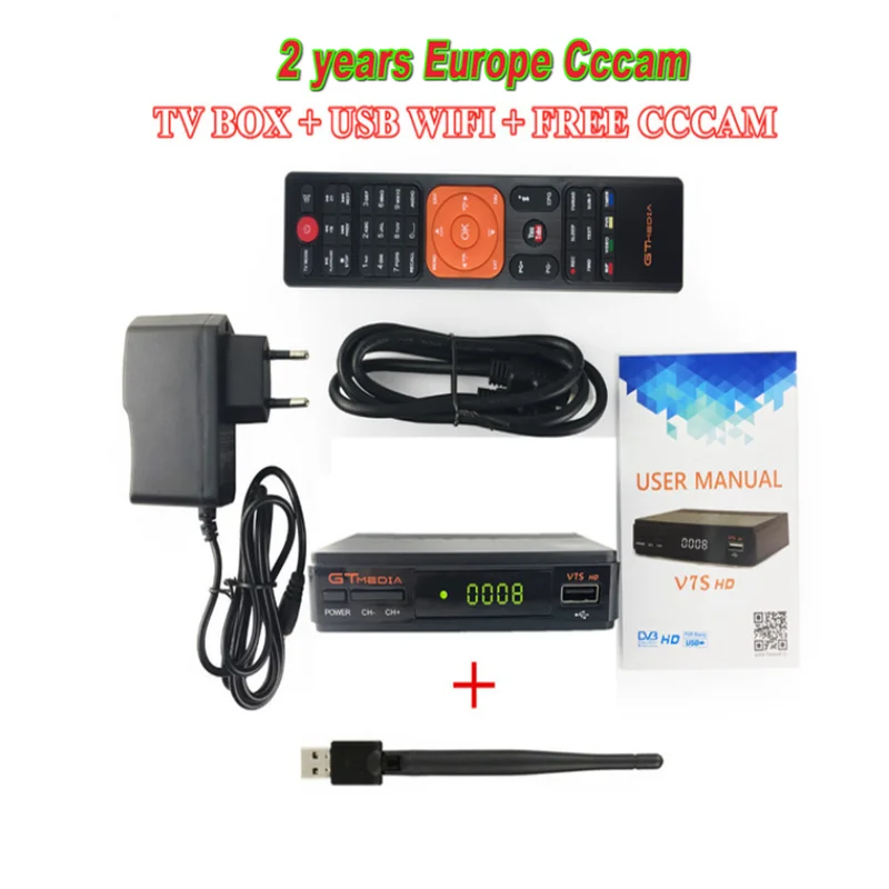 TV BOX-WIFI-CCCAM GT медиа V7S HD спутниковый ресивер DVB-S2 V7S Full HD USB 2,0 AC/DC 12 V/1.2A высокого качества+ Свободная Европа 6 Клайн cccam - Цвет: TV BOX-WIFI-CCCAM