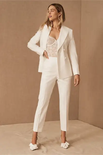 White Fashion Blazer Suits Women Pants 