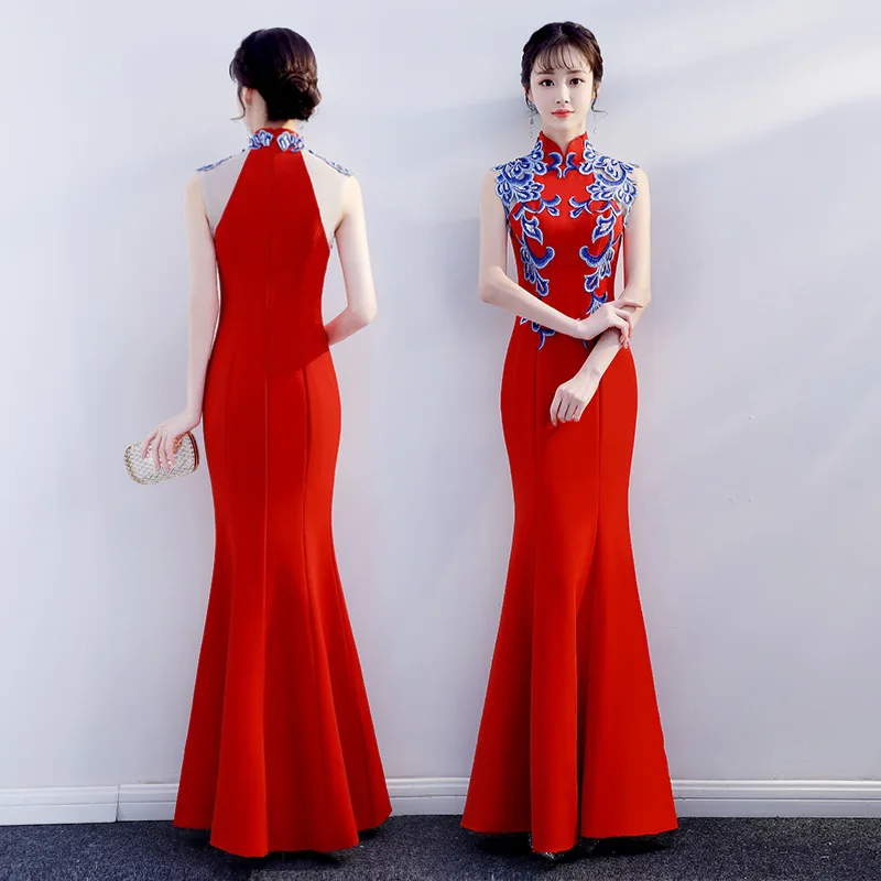 Белый Русалка Тонкий Cheongsam современный хост Элегантное Длинное Платье Qi Pao женское китайское вечернее китайское платье-Ципао Акция Платья для вечеринок - Цвет: red long