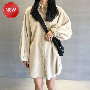 

Korean Fashion Vintage Pocket Lantern Sleeve Long Shirt Women Buttons Loose Apricot BF Cool Blouse Femme Harajuku Corduroy Shirt