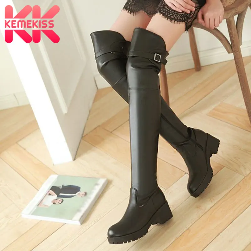 

KemeKiss Women Thigh High Boots Fashion Buckle Winter Warm Fur Knight Riding Shoes Women Square Heels Platform Boots Size 34-41