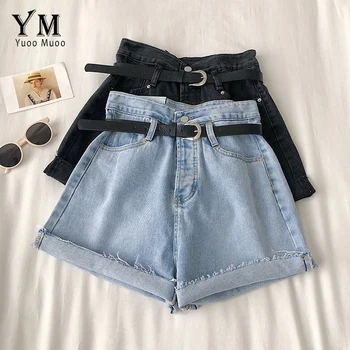 

YuooMuoo Good Quality Summer High Waist Denim Shorts Women Fashion Tassel Crimping Black Blue Jeans Shorts with Belt Bottoms