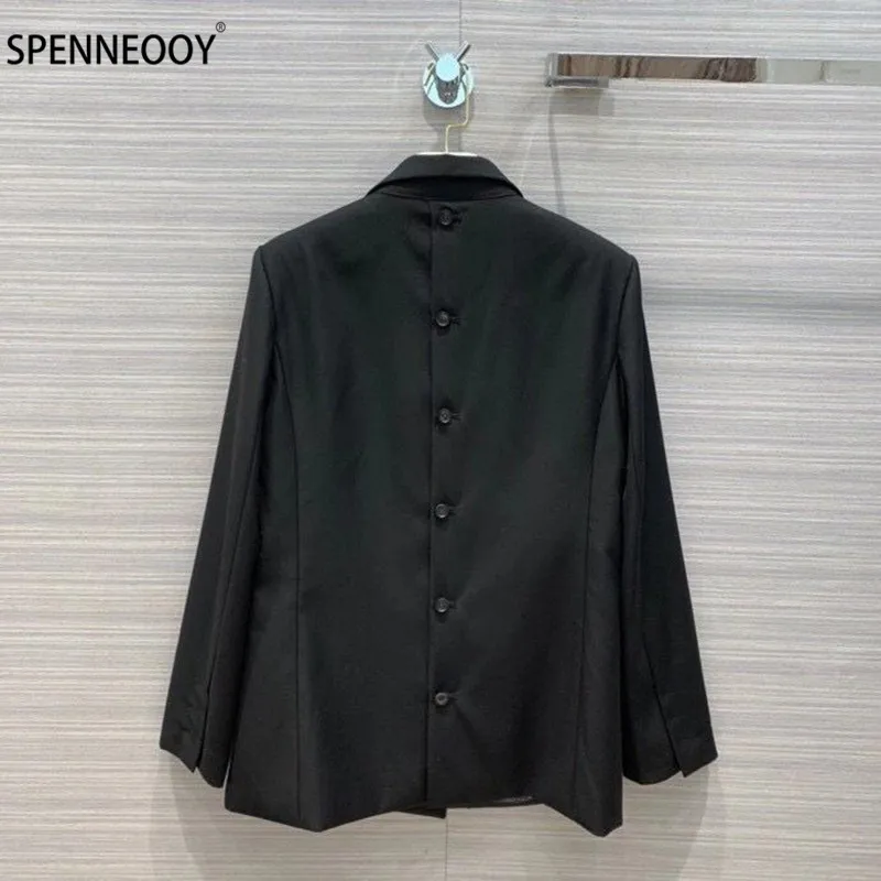 SPENNEOOY Designer Brand Autumn Forest Animal Lining Print Double breasted Fashion Office Lady Black Blazer Outwear Women Coat