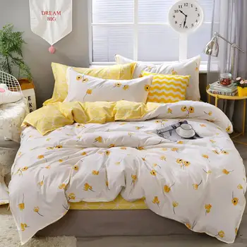 

Home Textile Yellow Floral Bedding Set Luxury Flowers Duvet Cover Set Lucky Clovers and Plaid Reversible Bed Linen Luxury
