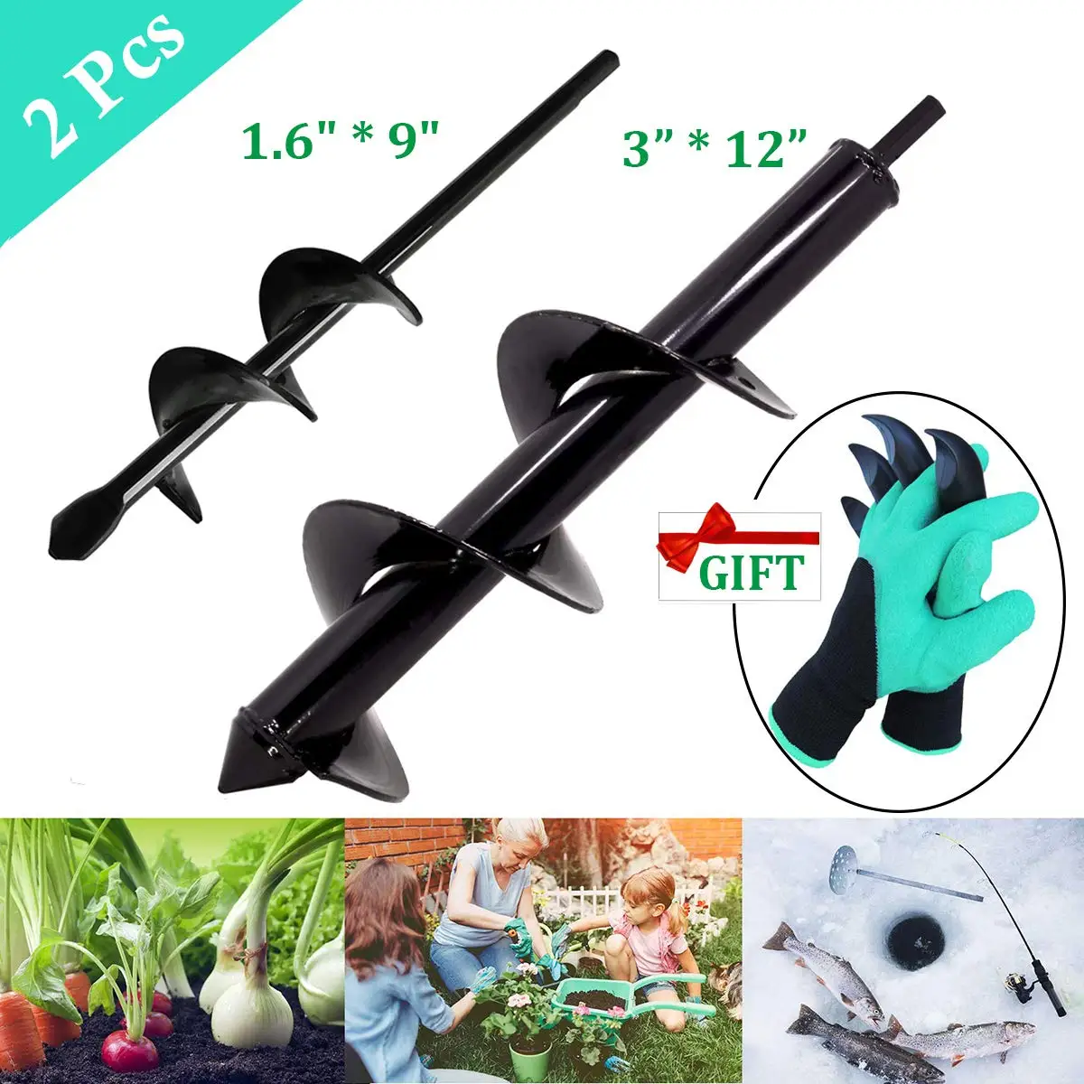 

2PCS 12" and 9" Inch Auger Spiral Drill Bit Tools Yard Gardening Bedding Planting Hole Digger Tool Replacement Garden Tool