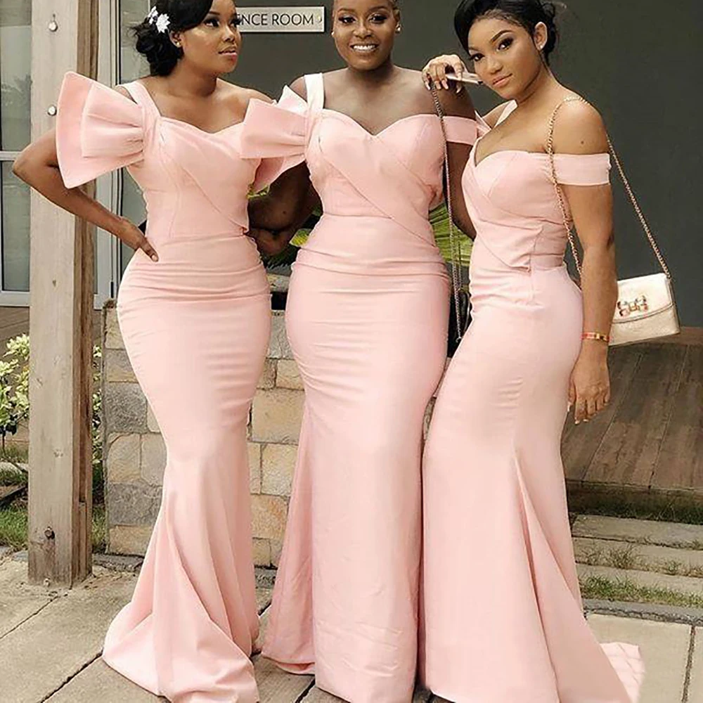 

Новинка, официальное женское платье подружки невесты с открытыми плечами, эластичное атласное платье для девушек, женское платье с юбкой-годе без рукавов на заказ