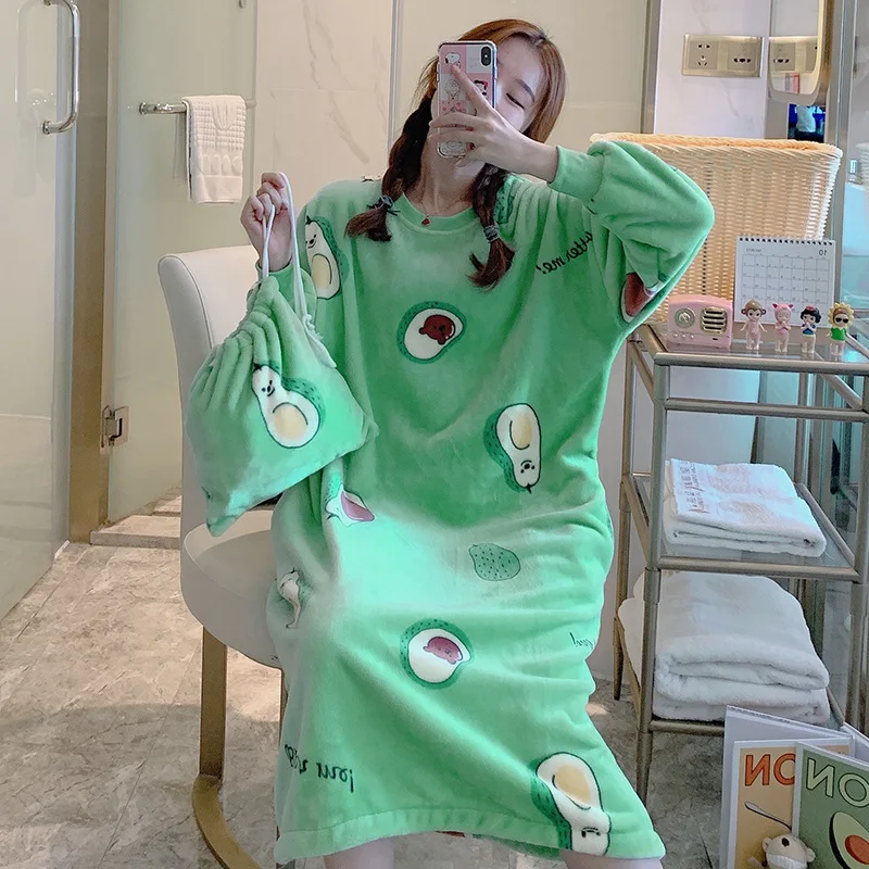 

[According Feminine] Flannel 240 Grams 285 # Avocado Nightgown [Send Storage Bag] M-XL with Visual