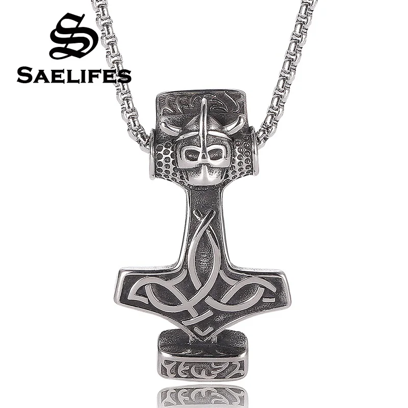 

Dropshipping Rune Amulet Men Viking Pendant Thor's Hammer Mjolnir Stainless Steel Male Pendant Necklaces PB0423