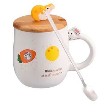 

1pc Mug Cup Creative Rabbit Ceramic Cup Simple Coffee Mug with Wooden Lid Water Tea Cup Container 450ml (Assorted Color)